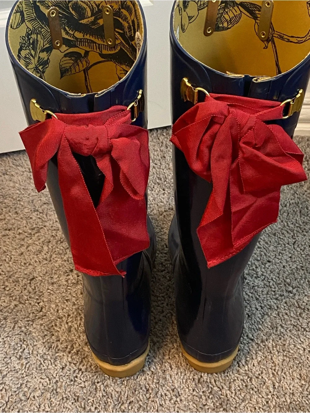 Joules Navy Rain Boots with Red Bow and Tan Trim
